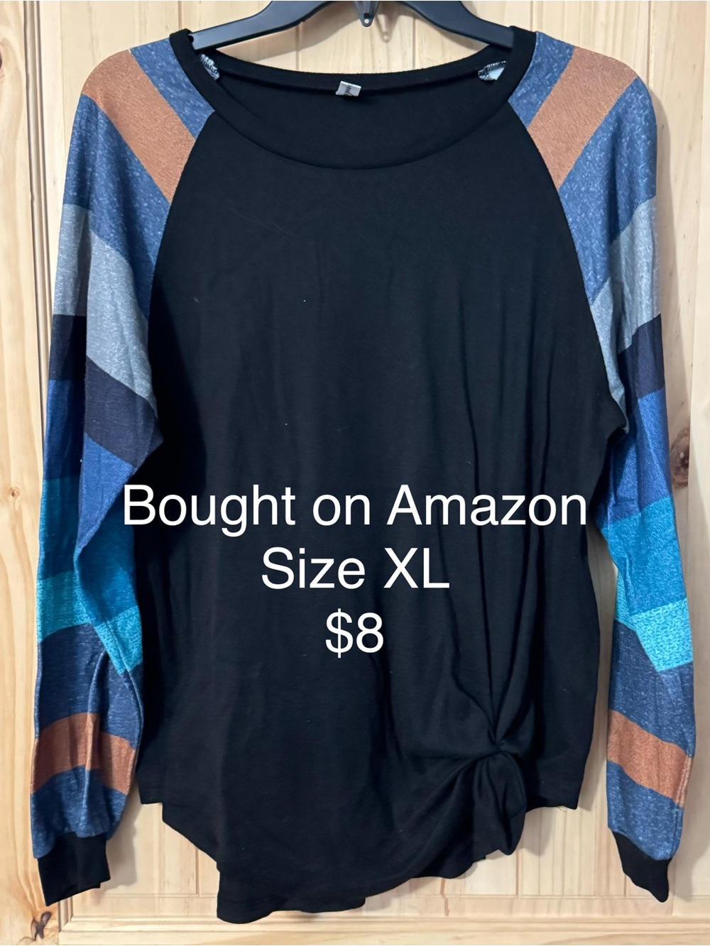 Casual Black Raglan Top with Striped Multi-Color Sleeves